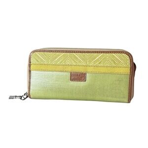 Fossil Key Per Zip Around Wallet Canvas Lime Green Brown Accordion Style 7.5" L